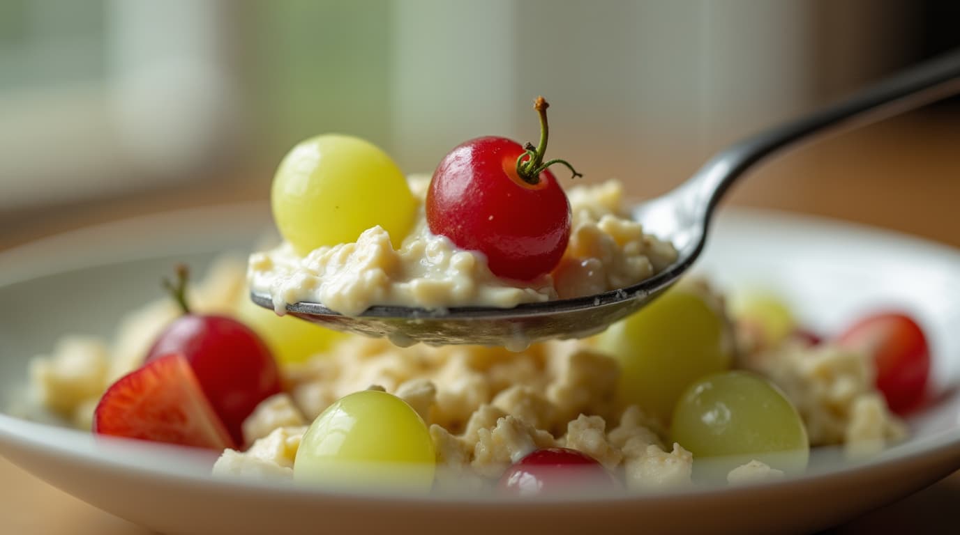Naturally delicious grape salad being served with a spoon.