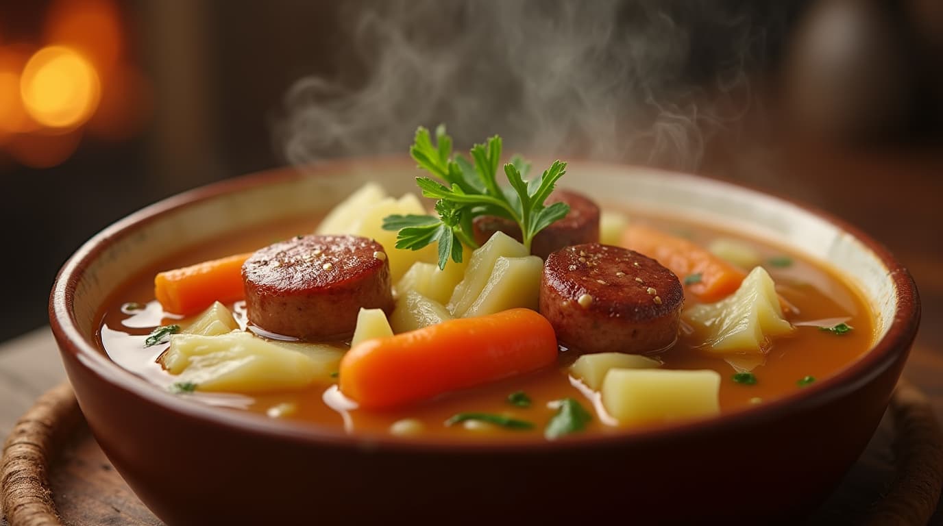 Vegetables go well with sausage, featuring a medley of bell peppers, onions, and potatoes.