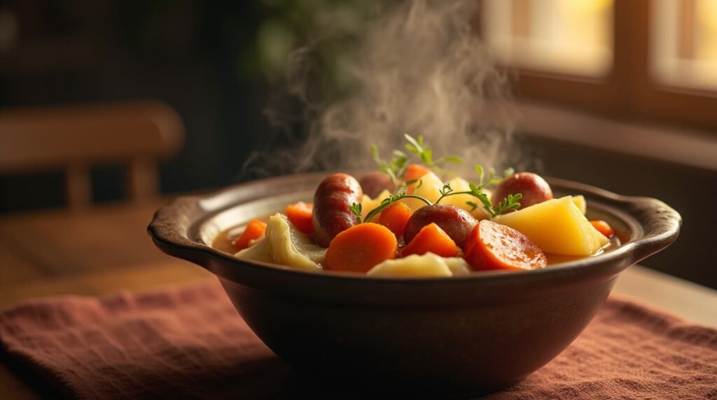 A skillet with sauteed vegetables and sausage, prepared for a quick meal.
