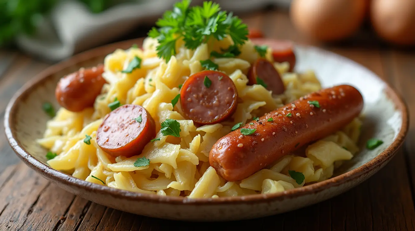 A delicious bowl of cabbage and sausage ready to be served.