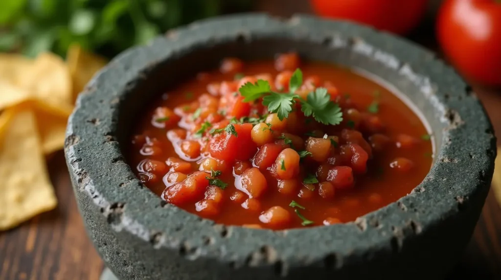 a high angle close up shot of a molcajete filled with chunky vibrant salsa showing the texture of t 30tdk3nzlpa2inwt2bn2 0 - Molcajete Recipe: A Guide to Authentic Flavors
