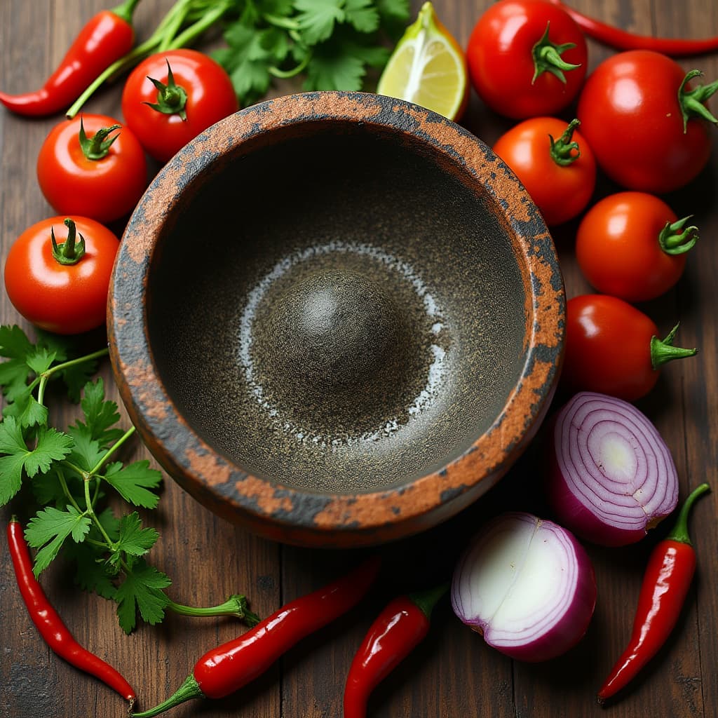 Fresh vegetables around a molcajete on a wooden board.