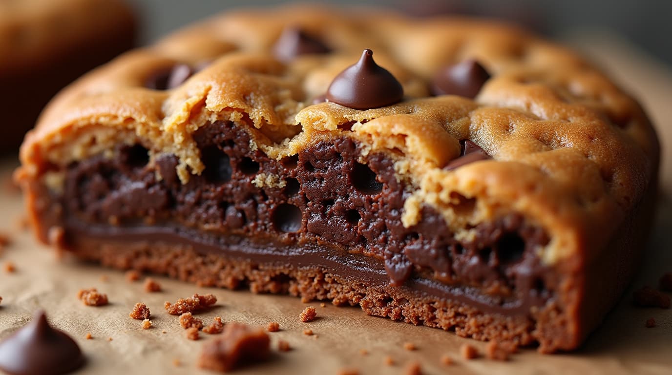 A close-up of a delectable brookie showcasing both its brownie and cookie layers.