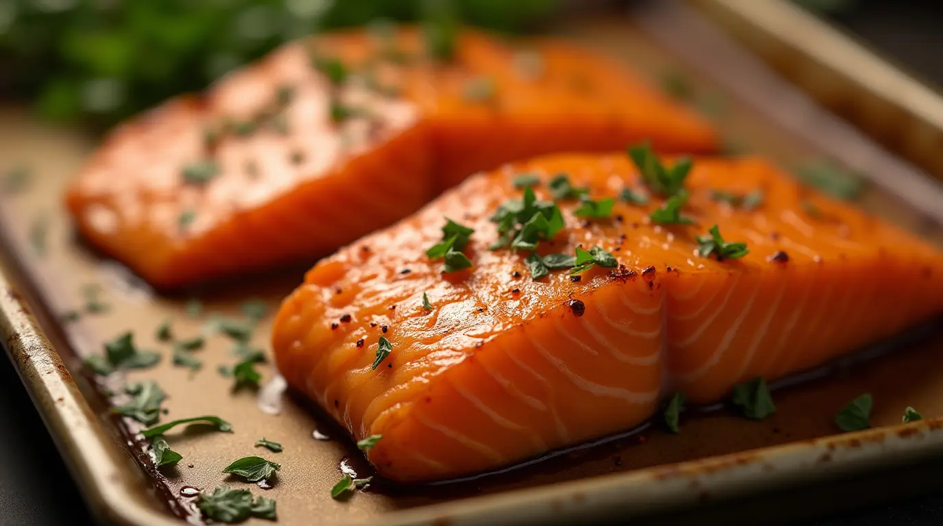 Delicious salmon bites oven on a baking sheet.